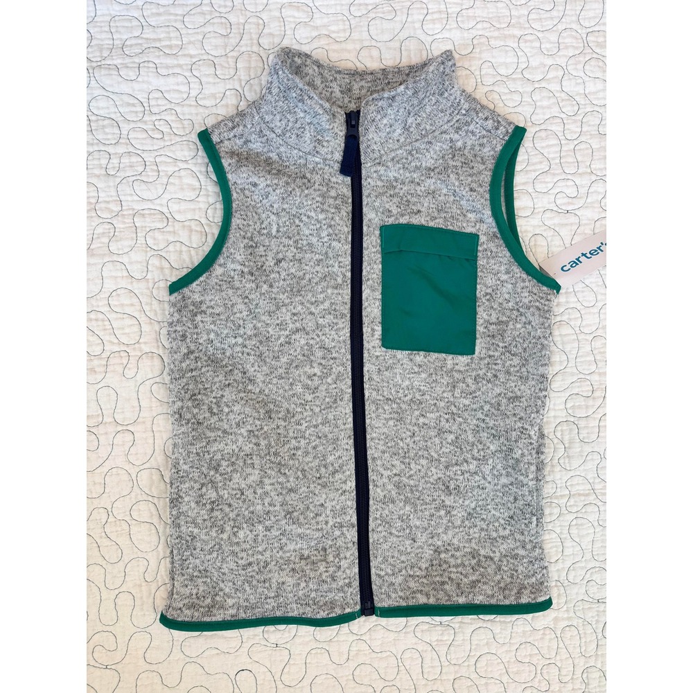 Carters Kids Boy's Gray Fleece‎ Vest Green Pocket Zipper Size 6 #95